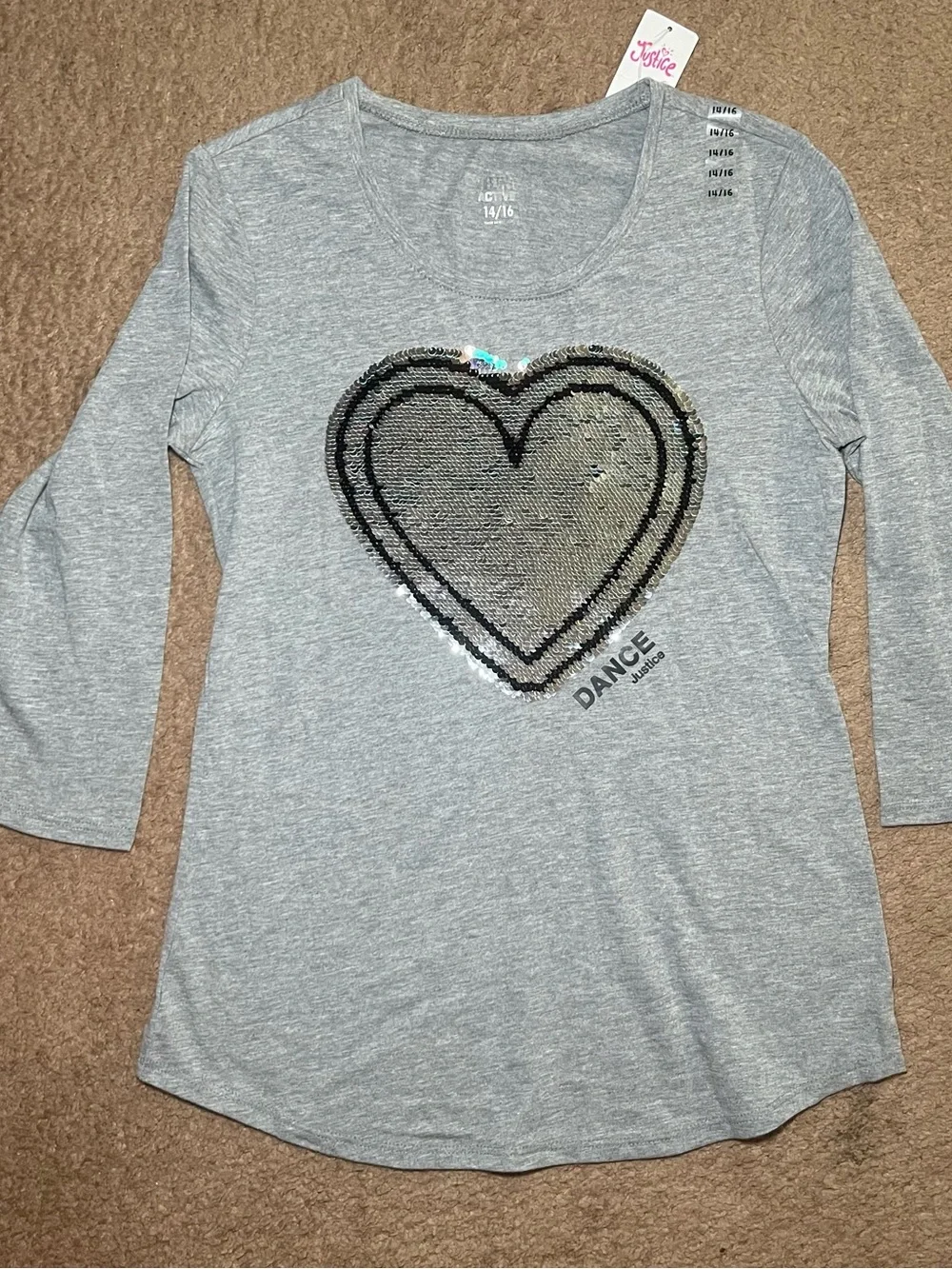 New girls Justice 3/4 sleeve tee Dance reversible sequin heart design 14/16 gray